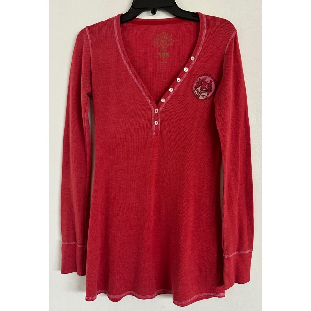 Y2K Victoria's Secret PINK Thermal Henley Top Red Graphic Crest Long Sleeve M